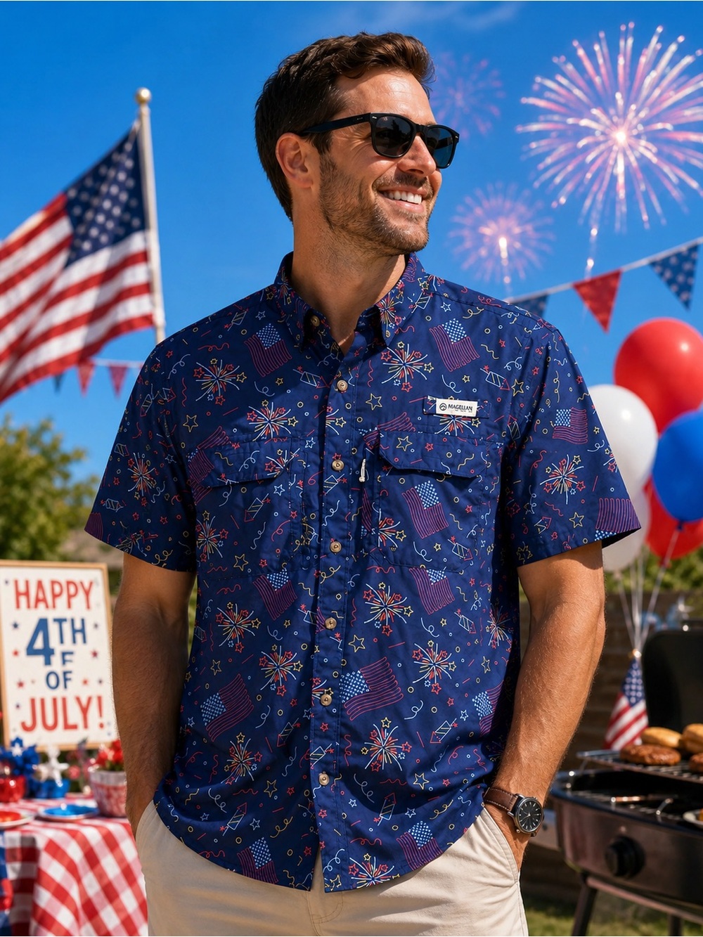 Magellan Patriotic Fishing Shirt S Americana Fireworks Flags Vented Button Up